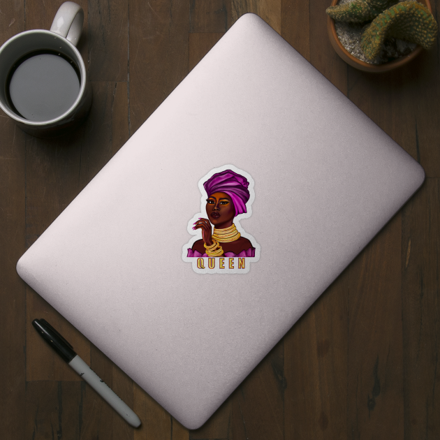 Queen - yass queen - Black is beautiful black girl with Gold bangles, neck ring necklace, purple dress and head wrap, brown eyes and dark brown skin ! by Artonmytee